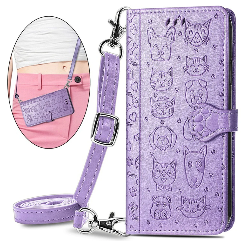 Cute Cat Dog Leather Crossbody Wallet Flip Case with 3 Card Slots