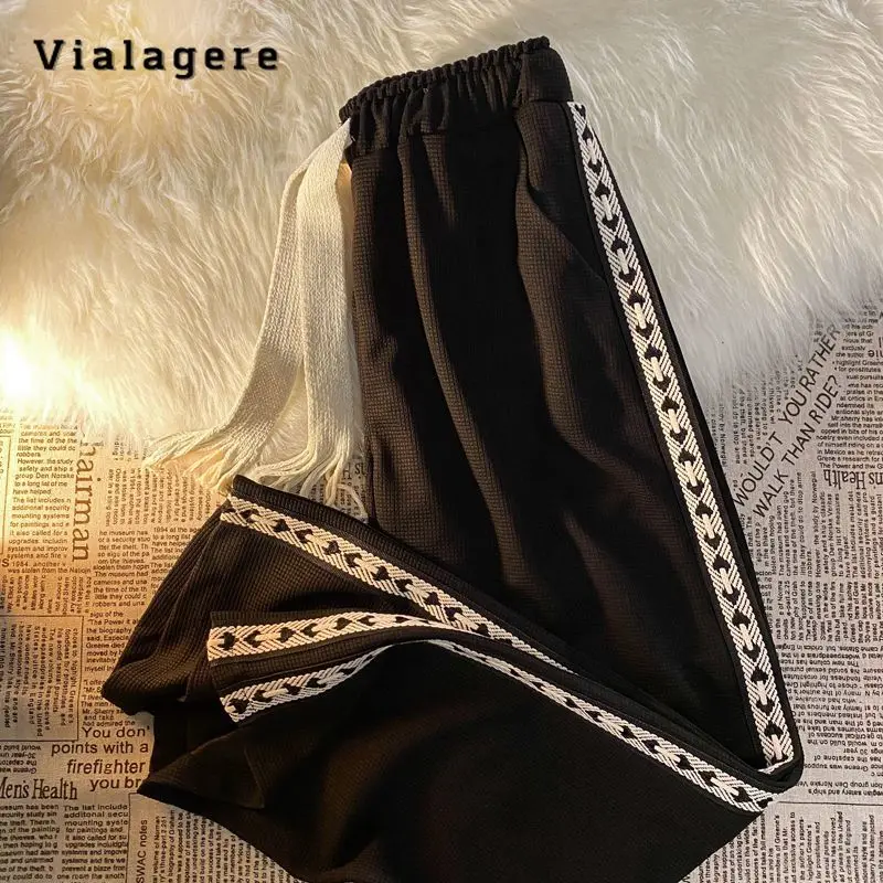 

2023 Autumn Winter Casual Solid Color High Waist Wide Leg Pants Women's Patchwork Elastic Waist Fashion Full Length Trousers