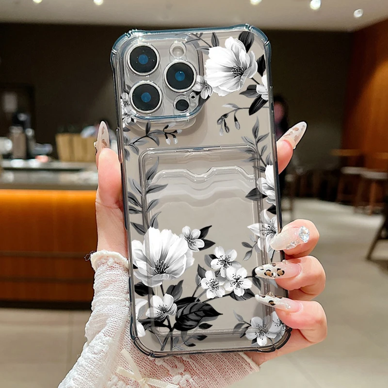 Floral Shockproof Silicone Phone Case with Card Slot Pocket
