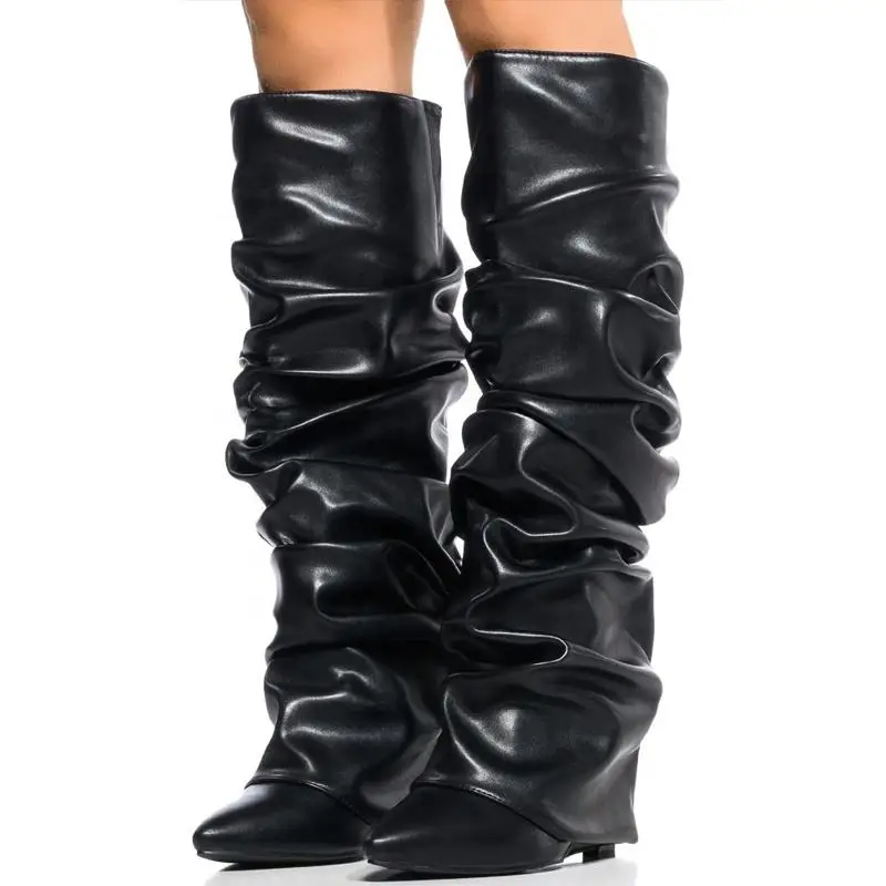 Camouflage Army Green Color Knee High Boots Women Patchwork Stiletto Fashion Pleated Wedge Heels Long Thigh high boots Shoes