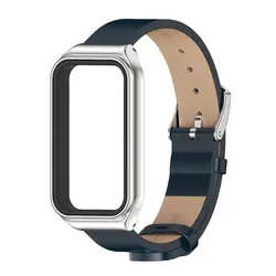 Premium Leather Strap for Amazfit Band 7 Smartwatch Wristband (Blue Silver)