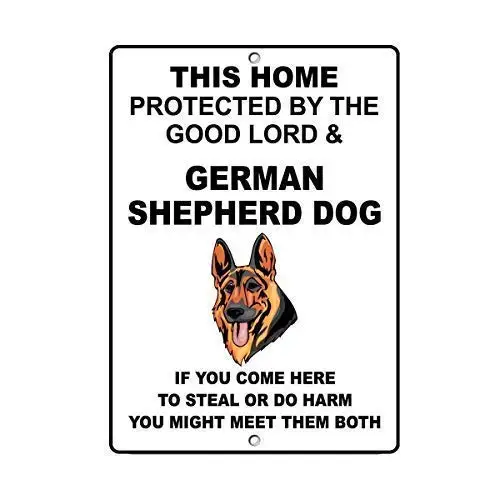 

Vintage Look Aluminum Metal Sign 12 x 8 Inches German Shepherd Dog Dog Home Protected by Good Lord Warning Beer Cafe Bar Pub Bee