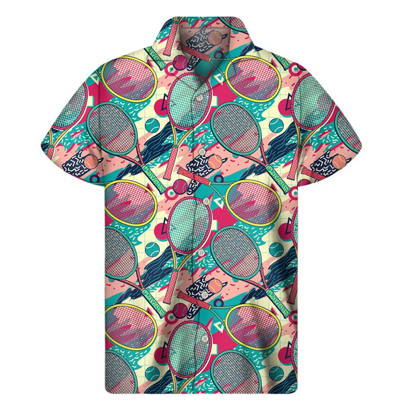 thumbnail image 1 of Camisas hawaianas con estampado 3D creativo de pelotas de tenis para hombre, camisetas de manga corta a la moda de verano, camisas de playa, blusas con solapa, 1 of 4