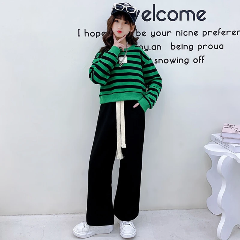 

Autumn Kids Clothes Sets Girls Loose Stripe Crop Sweatshirt+wide Leg Pants Suit Children Clothing Long Sleeved Teen Girl Outfits