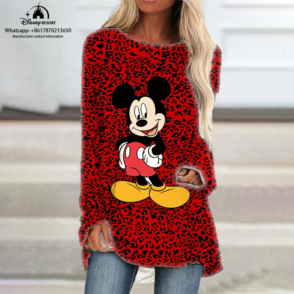 

Autumn Women's Loose Long Sleeve Dress Disney Mickey Minnie Vintage Leopard T-Shirt Casual Loose Tunic Top