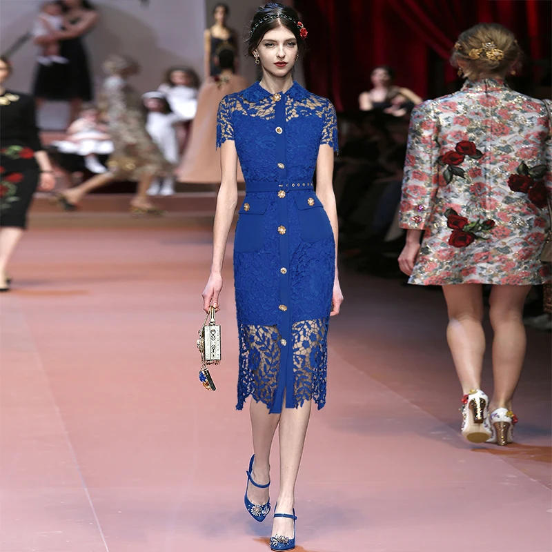 

Blue Hollow Out Lace Dress Women High-end Vintage Elegant Diamonds Buttons Short Sleeve A-line Mini Summer Dresses 2023