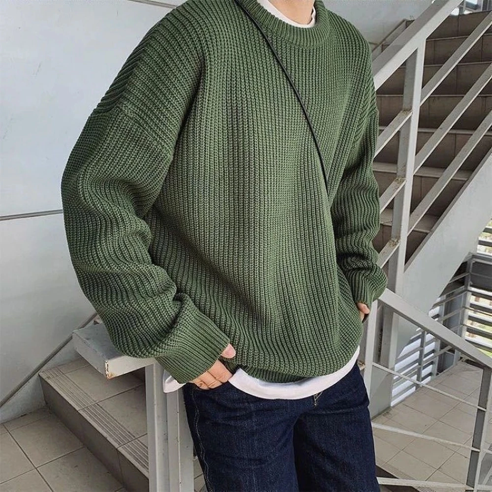 Men's Solid Color Sweaters Autumn Winter Korean Fashion O-Neck Loose Pullovers Couples Basic Warm Knitted Sweater Teens Jumpers
