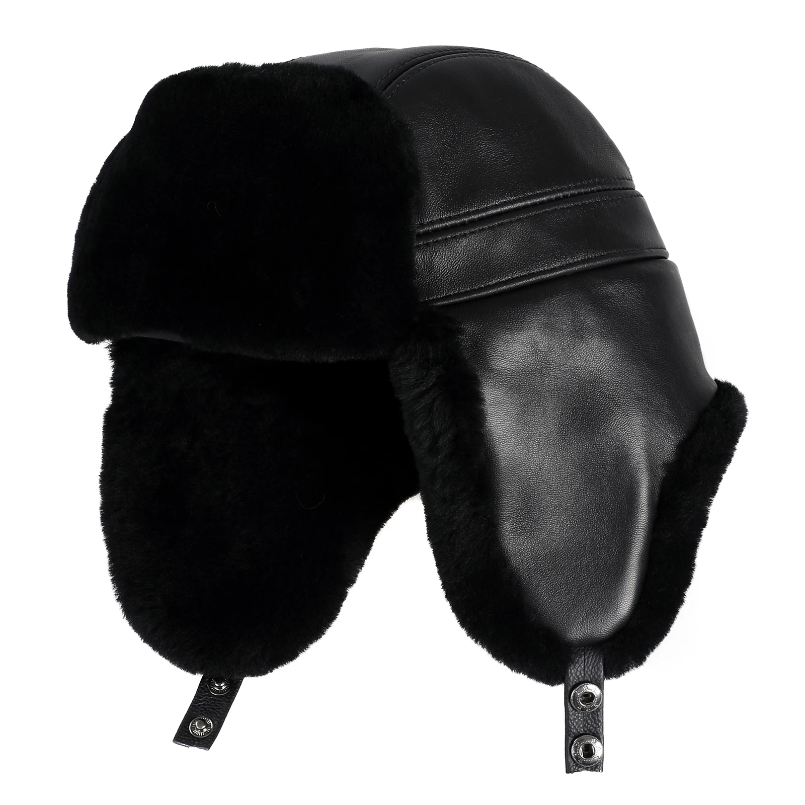 Luxury Men's Winter Fur Trapper Hat Genuine Leather Shell With Shearling Wool Aviator Russian Ushanka Caps Ear Flaps Thick Warm