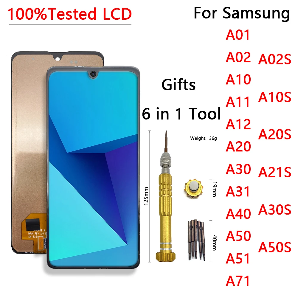 

For Samsung A01 A02 A10 A11 A12 A20 A21S A30 A31 A40 A50 A51 A71 LCD TFT Display Touch Screen Digitizer Replace Assembly