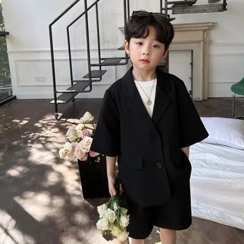 High Quality Boys' Blazer Suit Set Summer New Thin Casual  Baby Boy Single Breasted Korean Black Short Sleeve Coat+ Shorts 2pcs 2