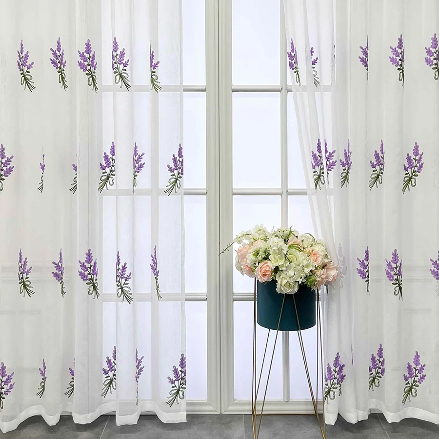 Romantic Purple Lavender Flower Tulle Curtains for Living Room Bedroom  Window Filters Pastoral Embroidered White Sheer Curtain - AliExpress, image size:900x900