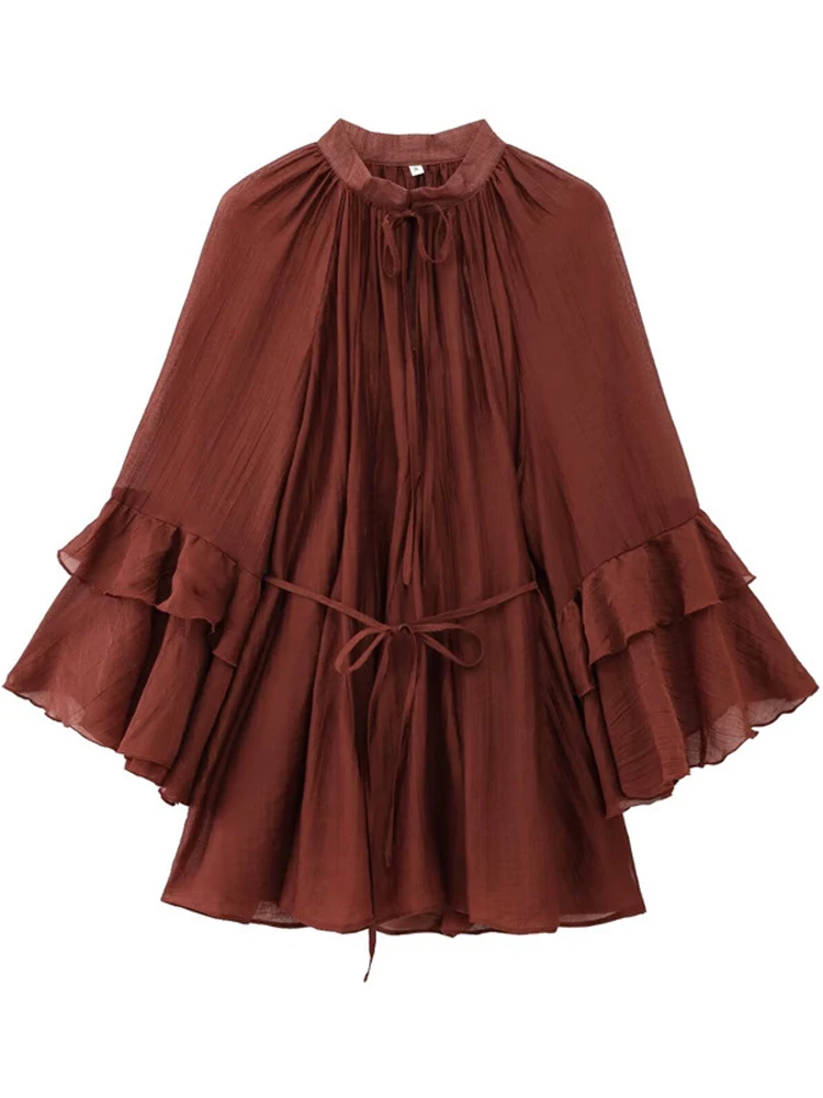 Casual Flounce Mini Dress Women Loose O Neck Long Sleeves Robe Female 2025 Spring Solid Lace Up Hollow Out Chiffon Dresses Lady 5
