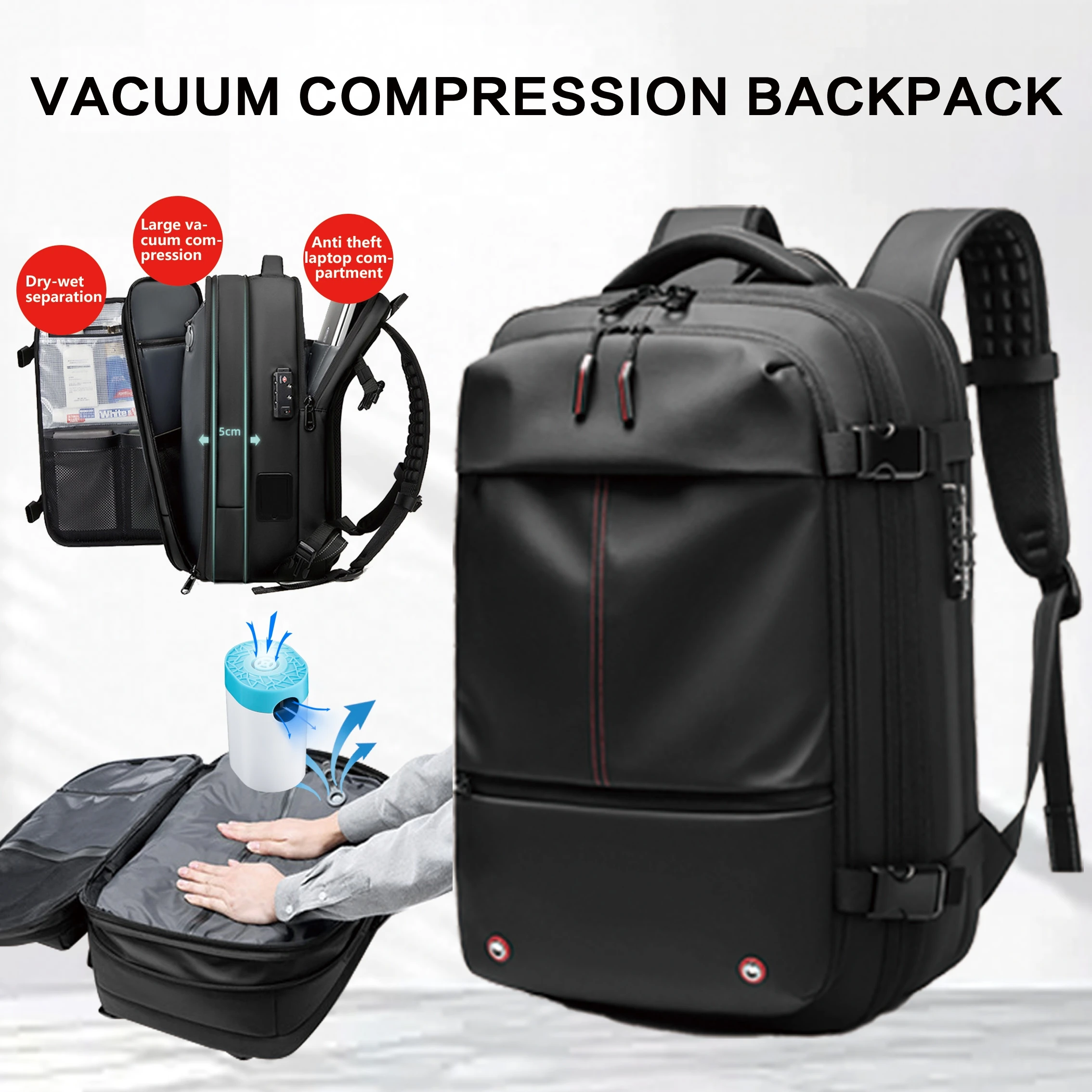Sac à dos de voyage sous vide 60L extensible avec système de compression d'air et serrure TSA