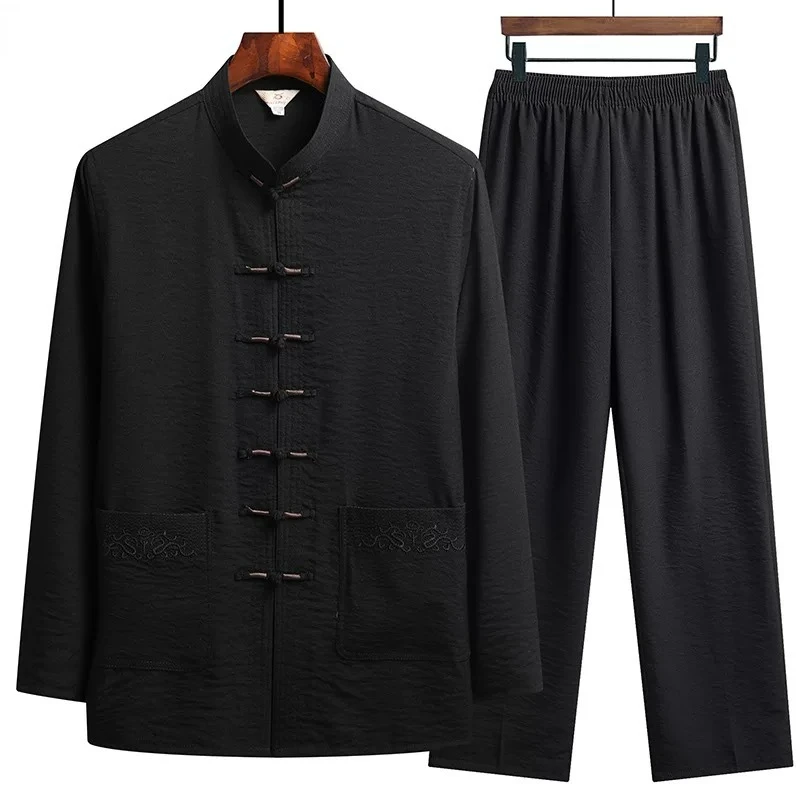 Chinese Traditional Clothing Set Man Fall Buckle Kung Fu Shirt Oriental Retro Top Pants Tai Chi Breathable Uniforms Hanfu