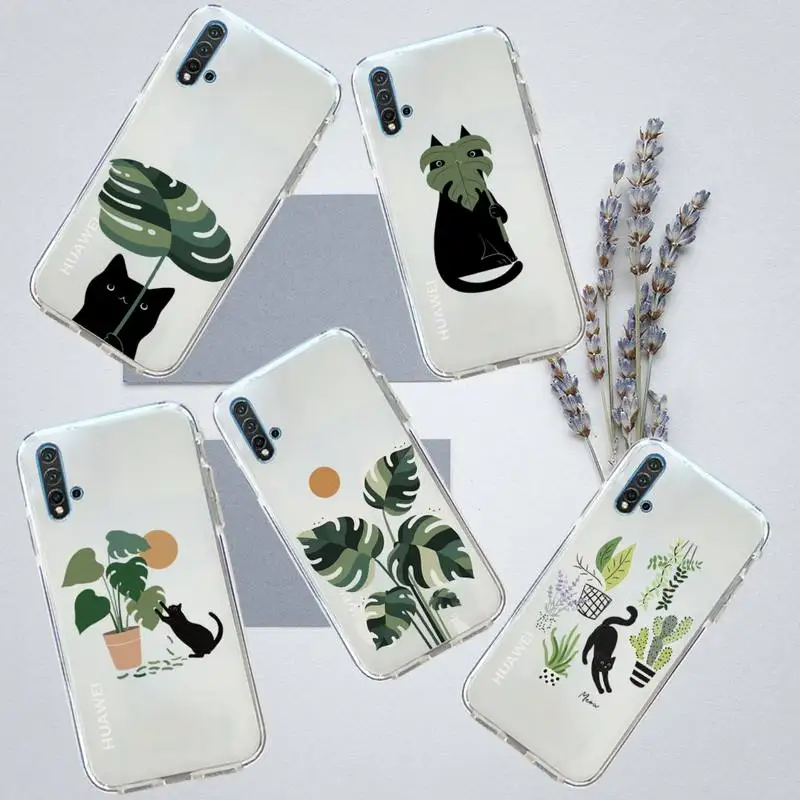 Custodia Per Telefono Gatto Con Foglie Di Palma Banana Trasparente Per Huawei Honor P Mate Y 30 40 20 50 8 70 10 9 A I X C Pro Lite Prime Smart
