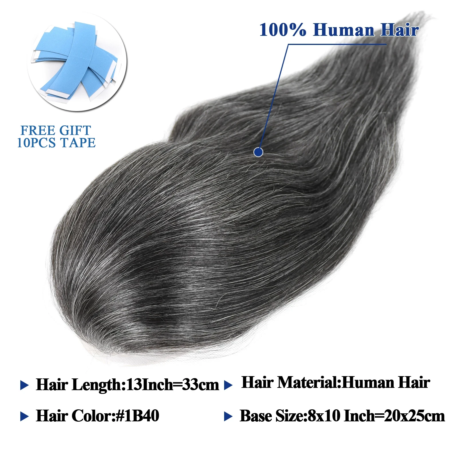 BIO/Pelle Completa PU Capelli Umani Uomini Parrucchino 1B40 Grigio Bianco 13 "Lunghi Lisci Parrucche Dei Capelli Umani Per Gli Uomini Sistemi di Sostituzione Pezzo di Capelli - immagine 2