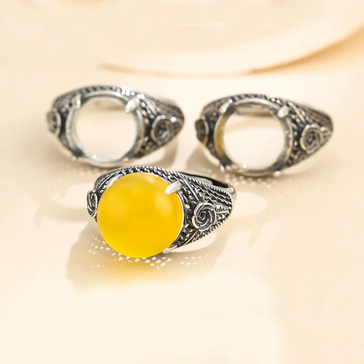 925 Sterling Silver Classic Vintage Adjustable Ring Blank Base Suitable Round Cabochons Cameo for DIY Ring Making Accessories