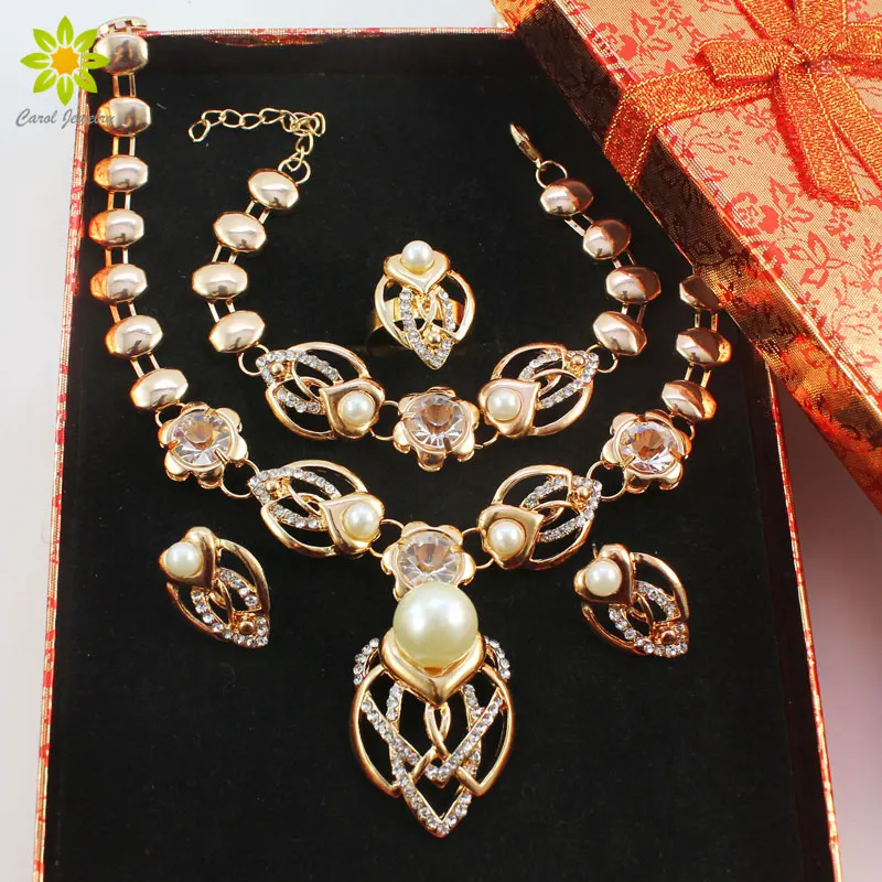 

Gold Color Imitation Pearl Necklace Earrings Sets Fashion Romantic Clear Crystal Women Party Wedding Jewelry Sets+Gift Boxes