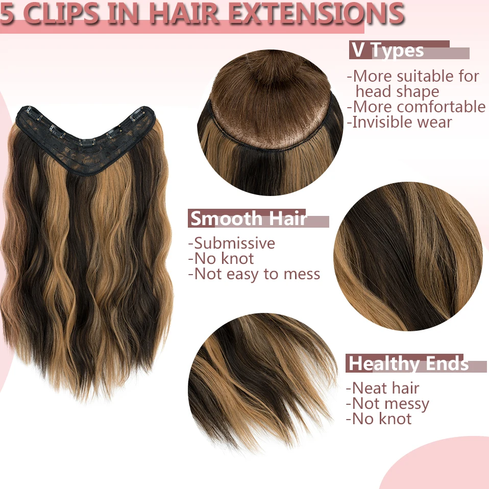 Extensions de Cheveux Synthétiques sulfBouclées pour Femme, Postiche une Pièce, 5 Clips, Marron, Blond, Noir, 18 Pouces