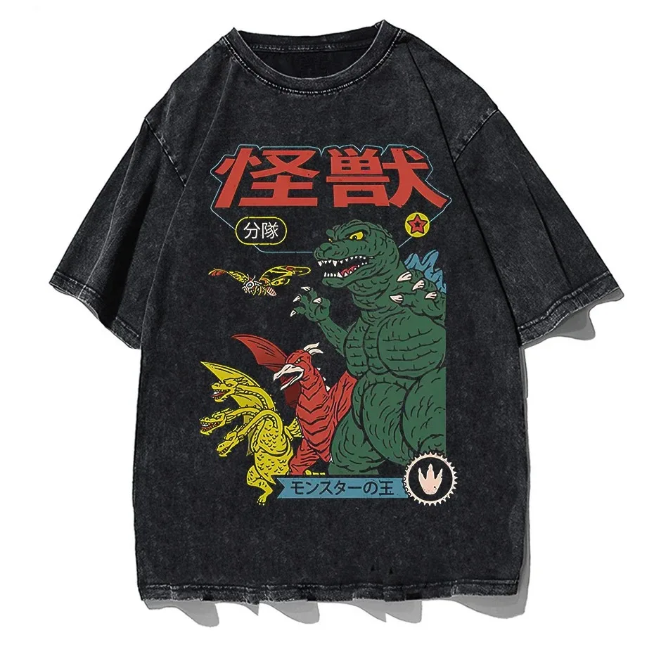 Summer Japanese Anime Print T-shirt Short Sleeve Men Women Harajuku Vintage Washed T shirt Oversized Cotton O-Neck T shirt