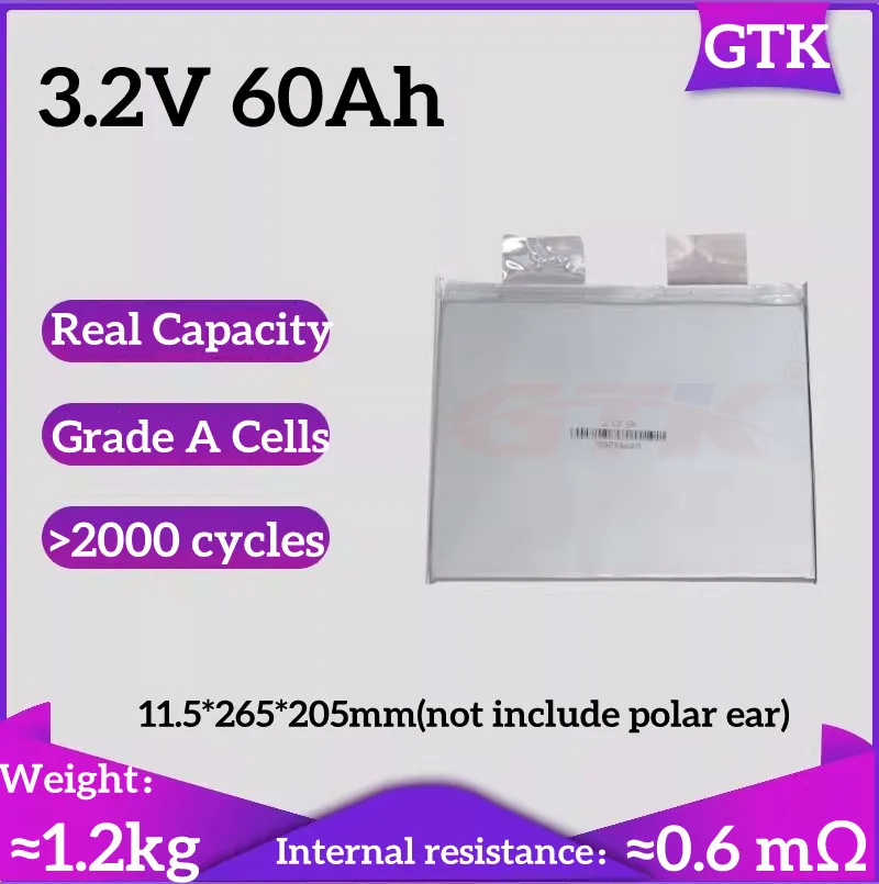 

GTK Rechargeable 3.2V 60Ah Lifepo4 Battery Pouch Cell for DIY 12V 24V 48V 72V 96V 120Ah 480Ah UPS Solar System Boat Battery Pack