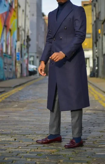 2023 New Style Winter Formal Party Men Suit Navy Blue Double Breasted Chic Long Jacket Outdoor Spring Coat 1 Pieces