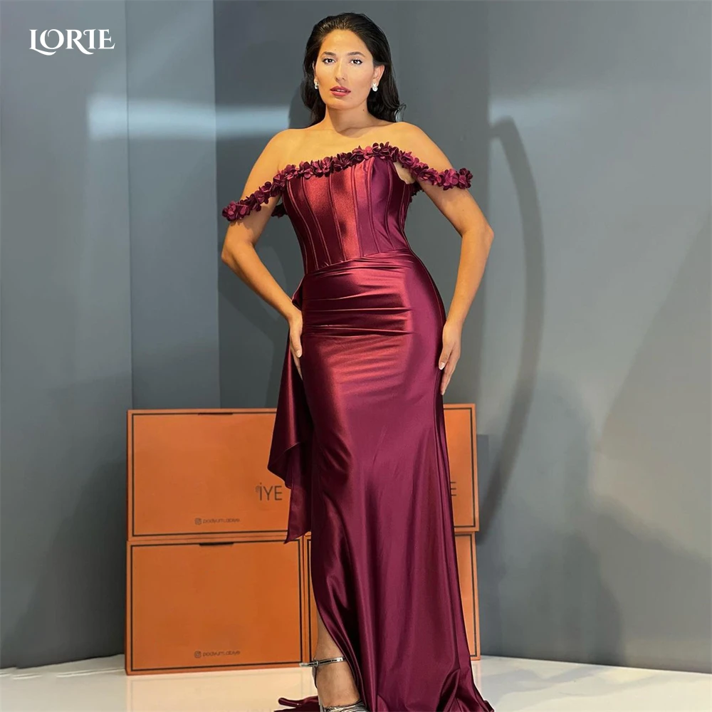 

LORIE Luxury Burgundy Mermaid Evening Dresses Ruched Flowers Side Slit Backless Prom Dress Off Shoulder 2022 Arabia Party Gowns
