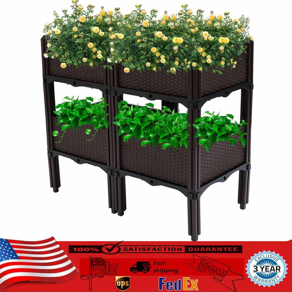 4 Pcs Brown Raised Garden Bed Elevated Flower Vegetable Herb Grow Planter Box for Vegetable Herbs Potted Plants