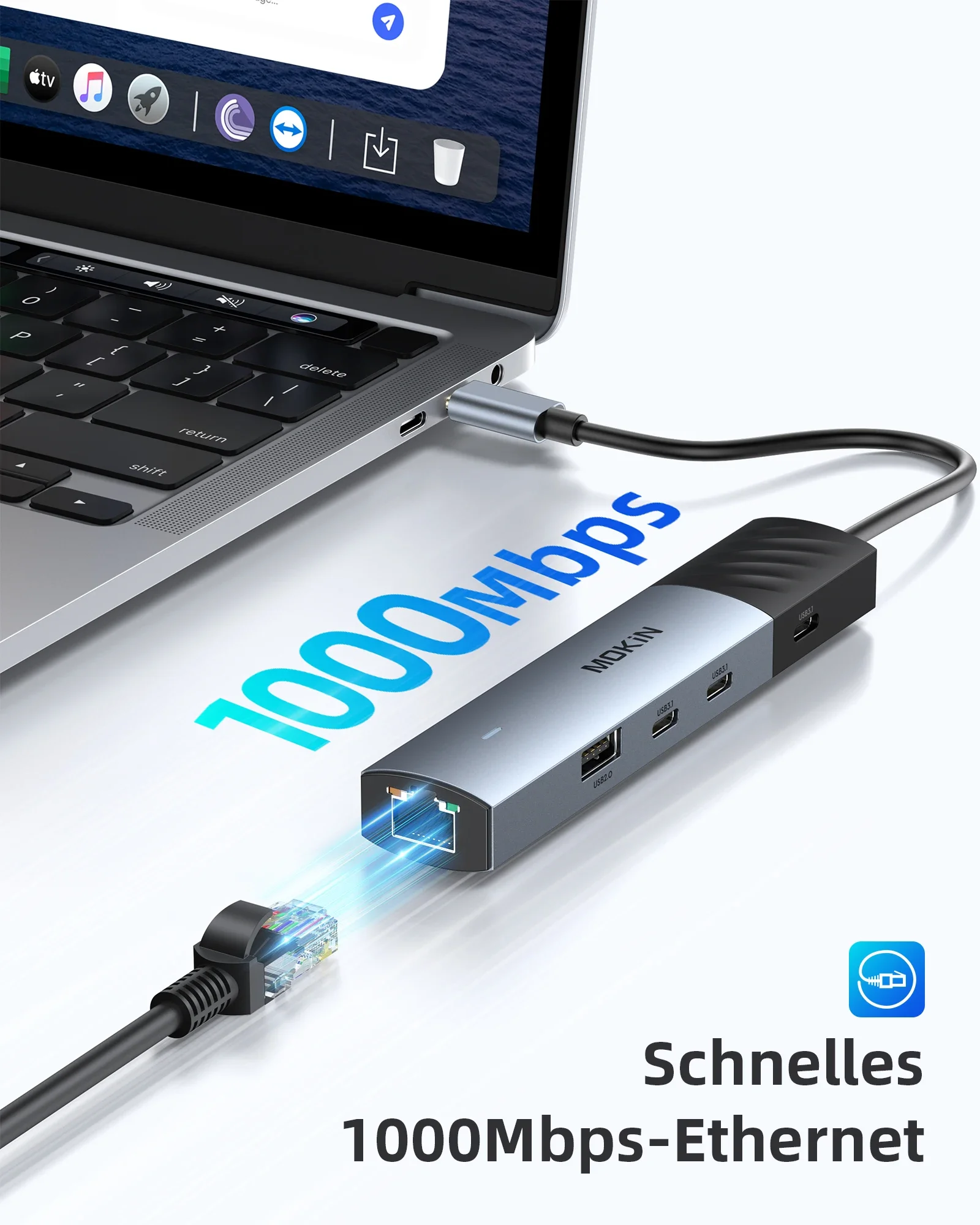 MOKiN USB Hub Docking Station Laptop Hub Adapter with 4K60Hz HDMI 10Gbps USB3.1 1000Mbps Ethernet 100W PD3.0 for Macbook Pro/Air 6