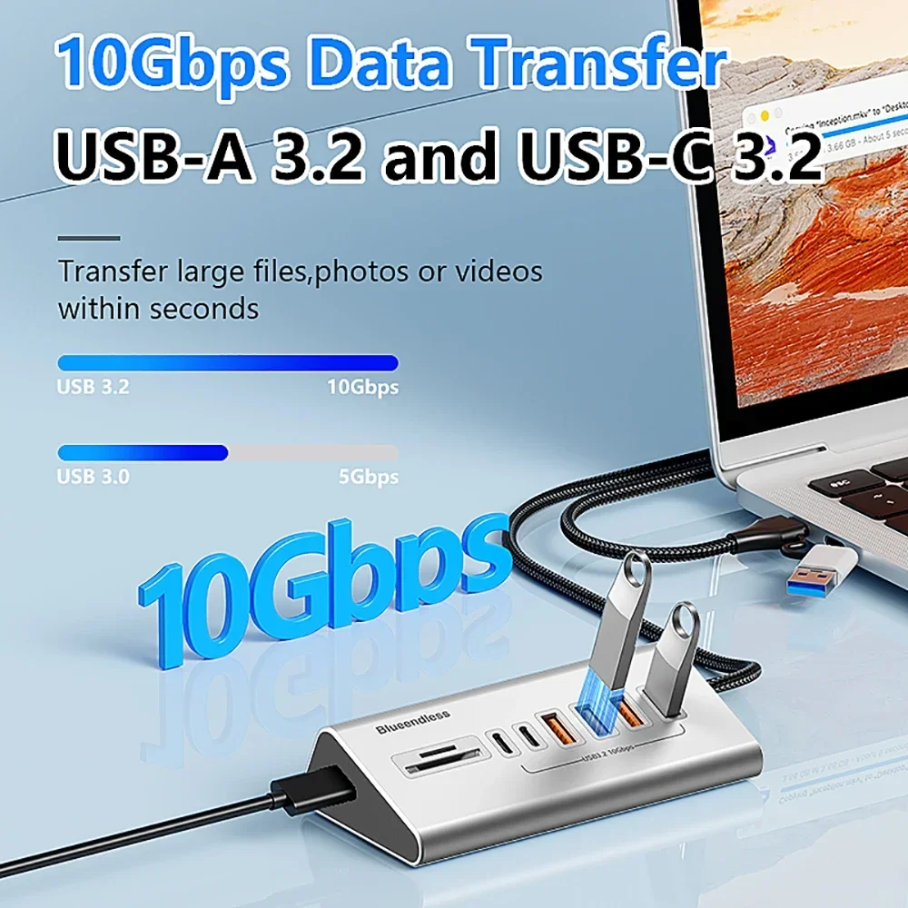 10Gbps USB 3.2 Docking Station USB Hub Type C Splitter with Card Reader Aluminum Alloy Multi 8/9 Ports Switch For PC Laptop