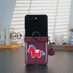 Premium PU Leather Embroidered Horse Folding Phone Case with Finger Ring Holder - Galaxy Z Flip 8 (Wine red)