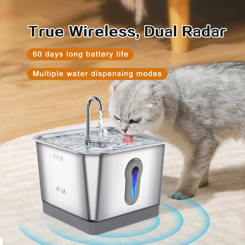 Fontaine à eau intelligente avec radar pour chats, acier inoxydable 4,0 L, batterie 5000mAh sans fil, distributeur d'eau pour animaux de compagnie, accessoires pour chats, touristes 1