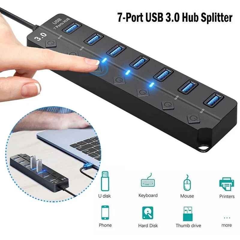 Multi-Port USB Hub with LED Indicator and Power Adapter - 4/7 Port Expander