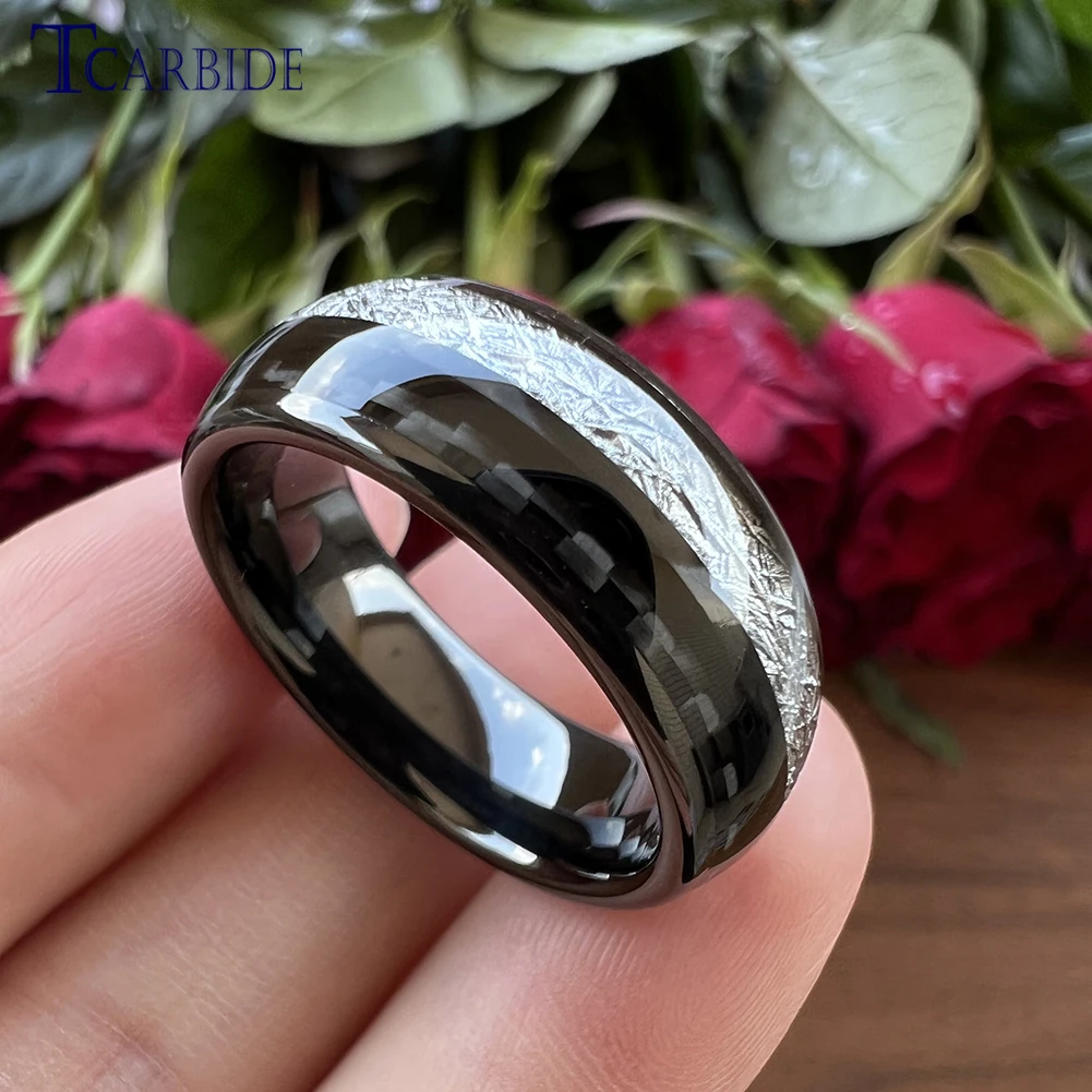 BLACK GOLD WEDDING Ring With Meteorite And Gold Leaf Inlay