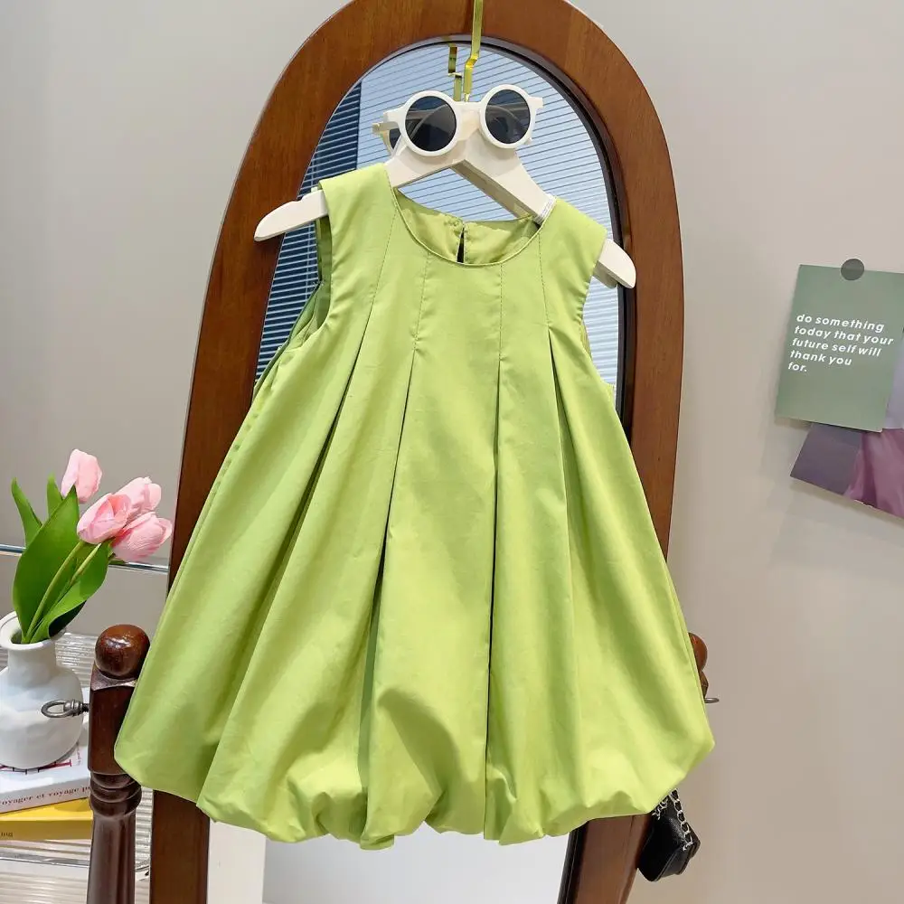 

2023 Summer Dress for Baby Girls Kids Korean Trendy Sleeveless Dresses with Bow Children Green Ruched Sundress Infants Outfits