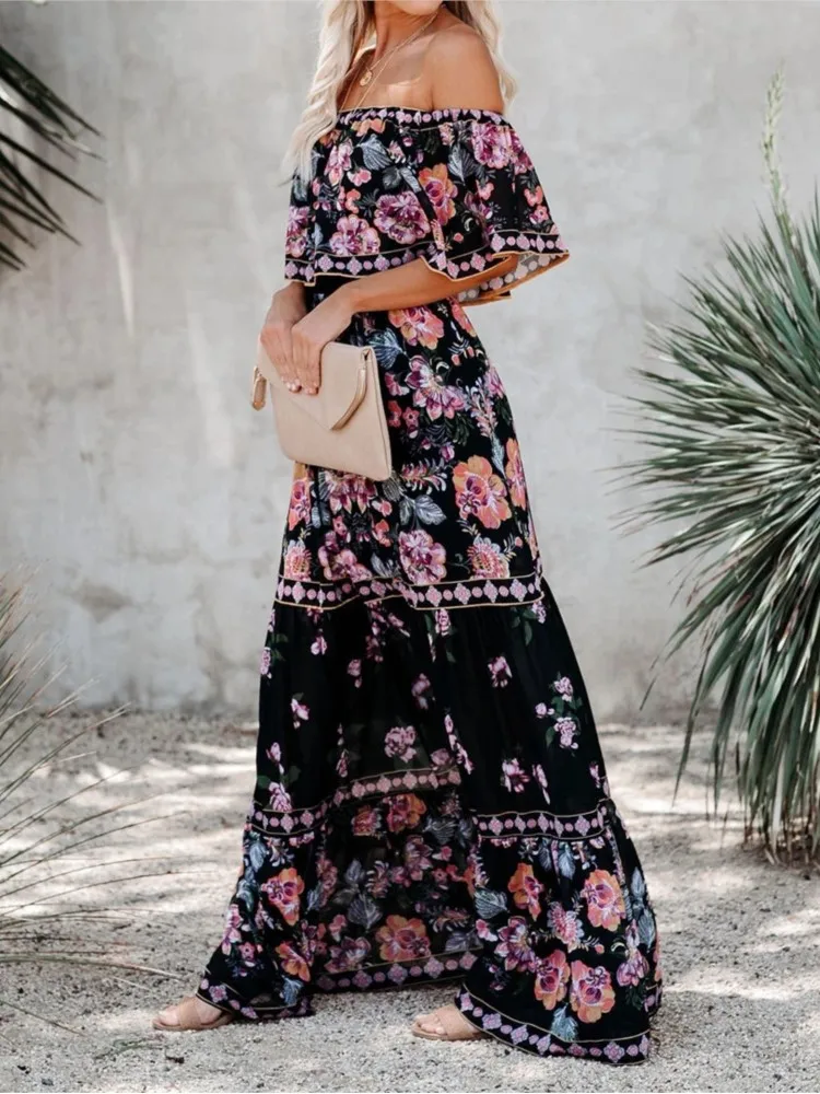 Flower Print Off Shoulder Long Dresses For Women Spring Summer New Fashion Temperament High Waist Leace-up Dress Female Vestidos