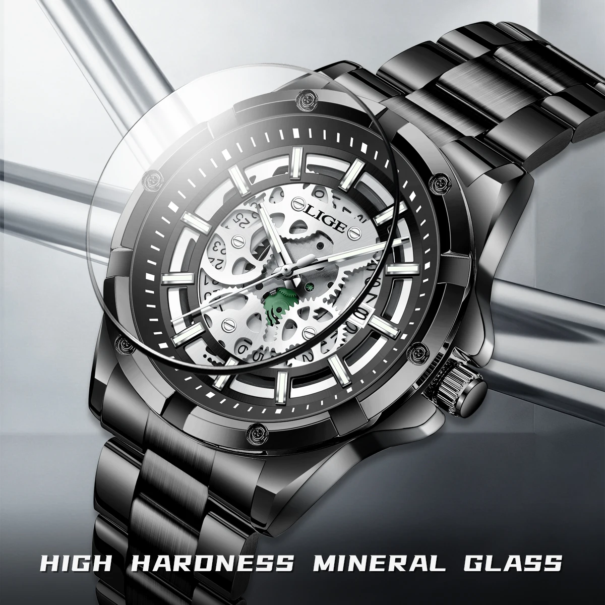 LIGE Luxury Steampunk Skeleton Dial Men's Automatic Mechanical Watch