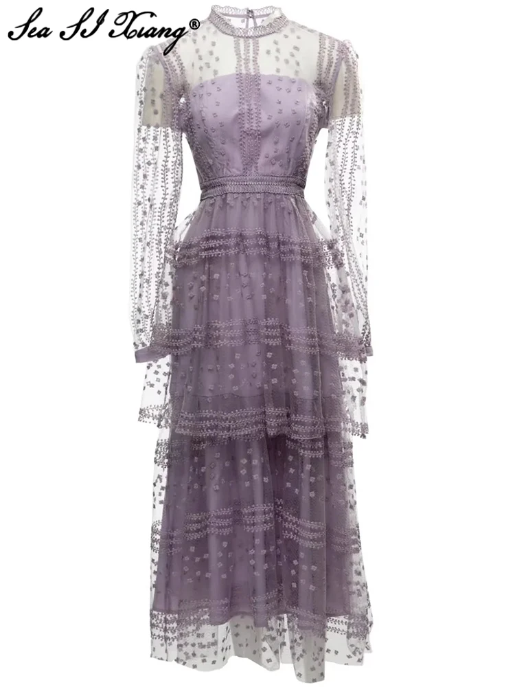 

Seasixiang Fashion Designer Summer Women Mesh Dress O-Neck Long Sleeve Flower Embroidery Vintage Midi Dresses