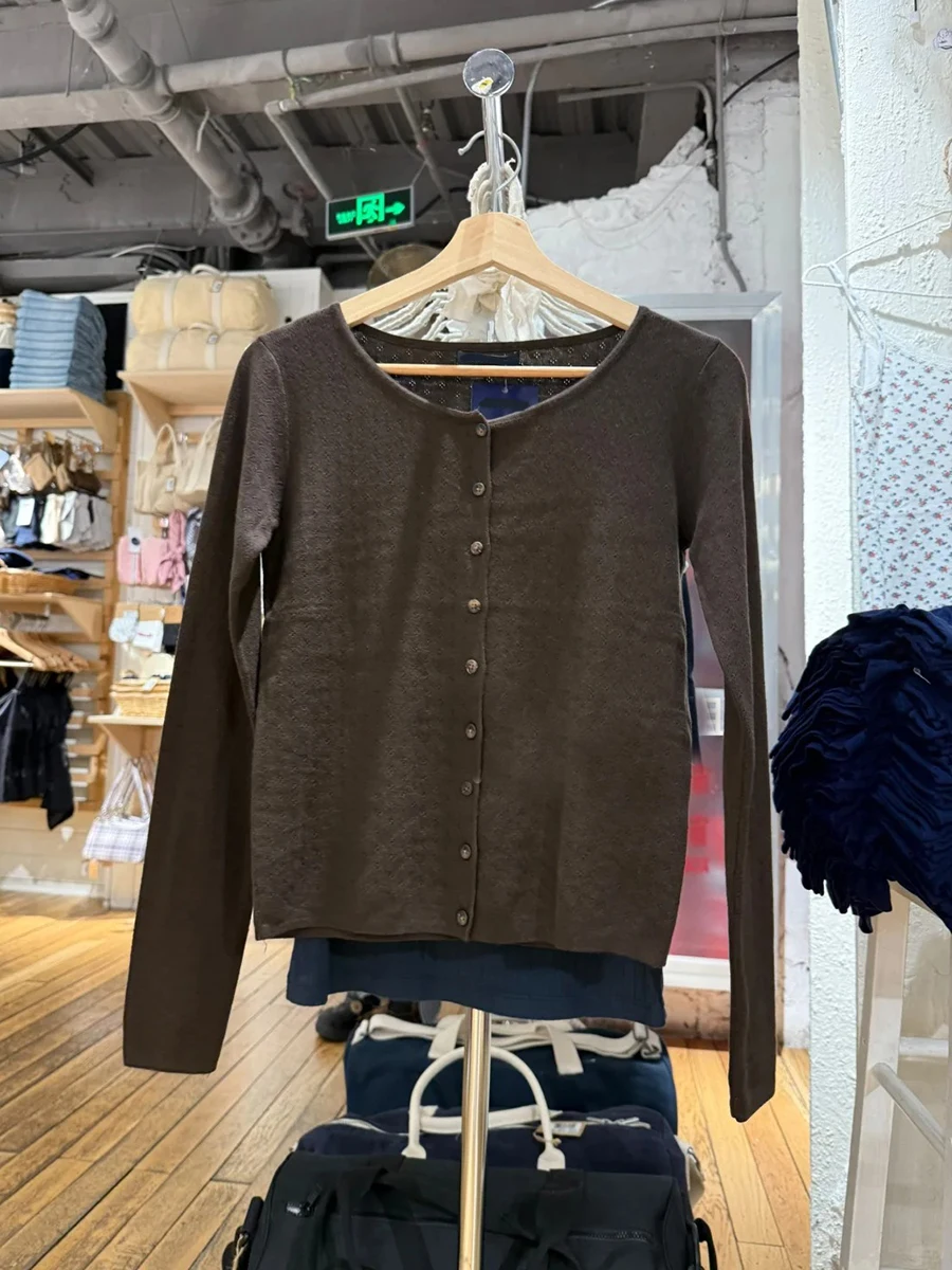 Brown Eyelet Knitted Cardigan Women Autumn New Casual Cotton Long Sleeve Sweater Coat Female Vintage Simple Basic Sweaters Tops 4