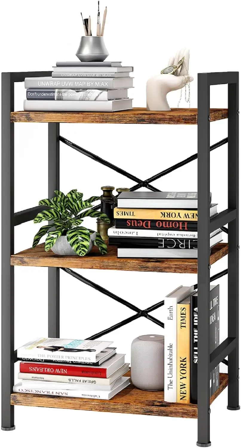 Bookshelf, 3 Tier Industrial Bookcase, Metal Small Bookcase, Rustic Etagere Book Shelf Storage Organizer for Living Room