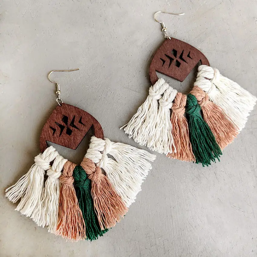 Boucles d'oreilles Boho en bois et coton pour femmes, bijoux en macramé, fait à la main, couleur mixte, vente en gros