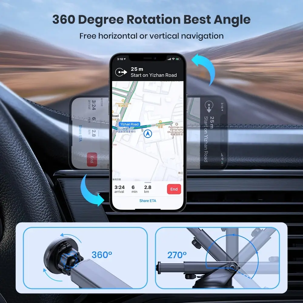 Supporto Magnetico Per Telefono Con Ventosa – Magnete N52, Rotazione 360°, Pieghevole, Portata 7 Kg, Per Auto E Cruscotto