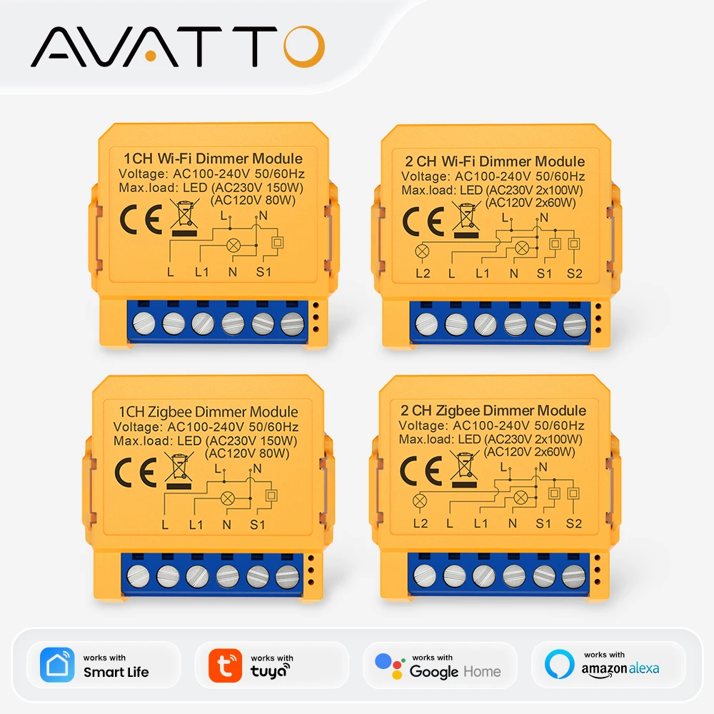 AVATTO Module d'interrupteur de variateur de lumière WiFi/ZigBee 1/2 Gang, module d'interrupteur de variateur intelligent, télécommande par application pour Tuya Alexa Google Home