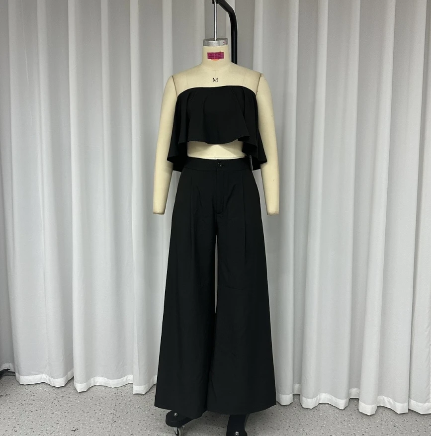 European and American women's clothing 2024 summer new fashion casual solid color strapless wide leg pants two-piece set