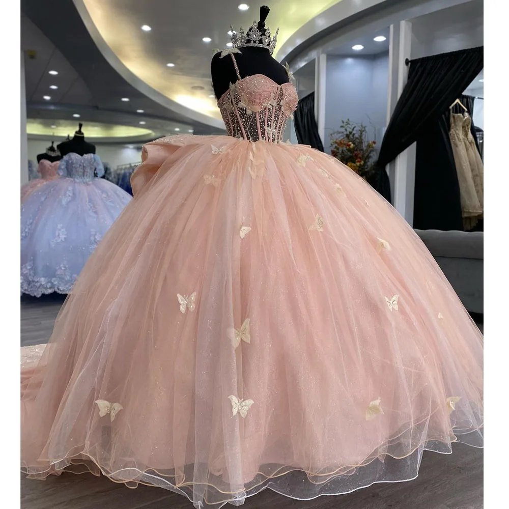 Pink Butterfly Ball Gown Quinceanera Dresses Fashion 3D Flowers Applique Pearl Sweet 16 Birthday Gowns Vestidos