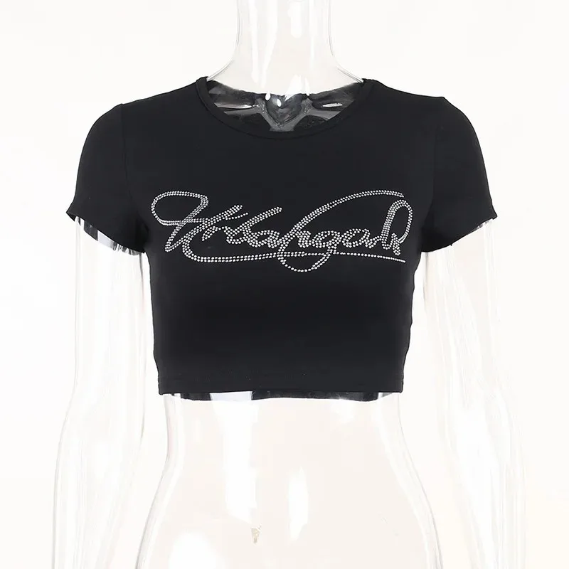 Rhinestone Letter Print T-shirt Summer Retro Streetwear Women Grunge Baby Tee Y2k Clothes Aesthetics Cute Emo Girl Slim Crop Top