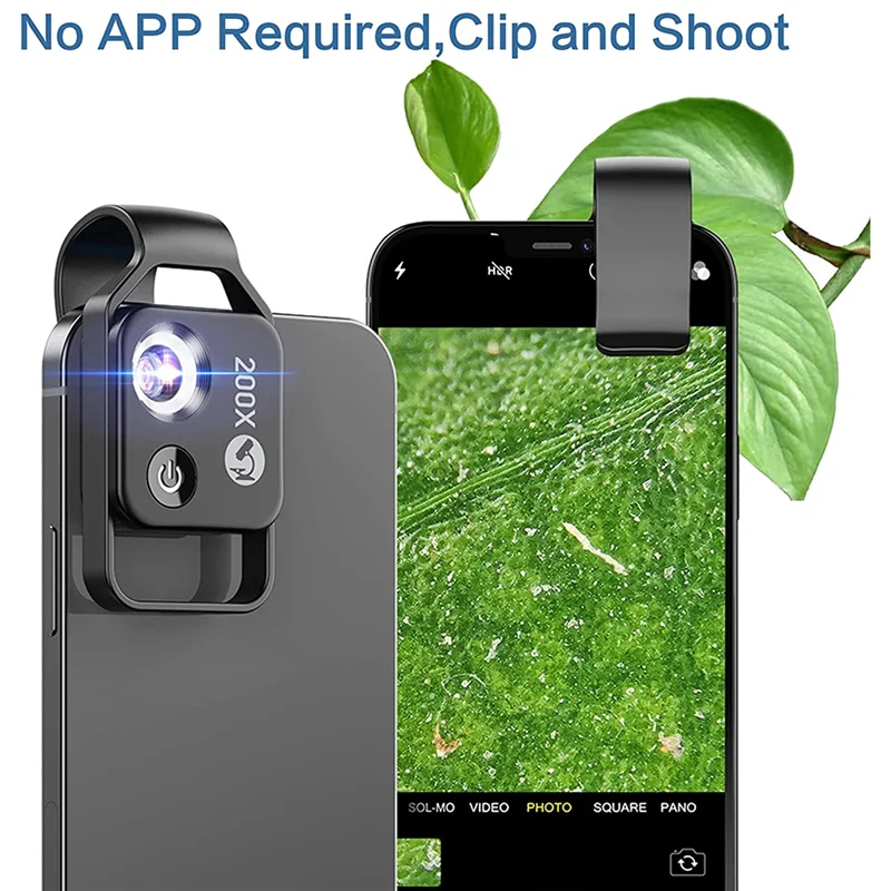 200X Cell Phone Microscope Accessory with CPL Lens Portable Mini Digital Microscope with LED Light/Universal Clip cell phone microscope