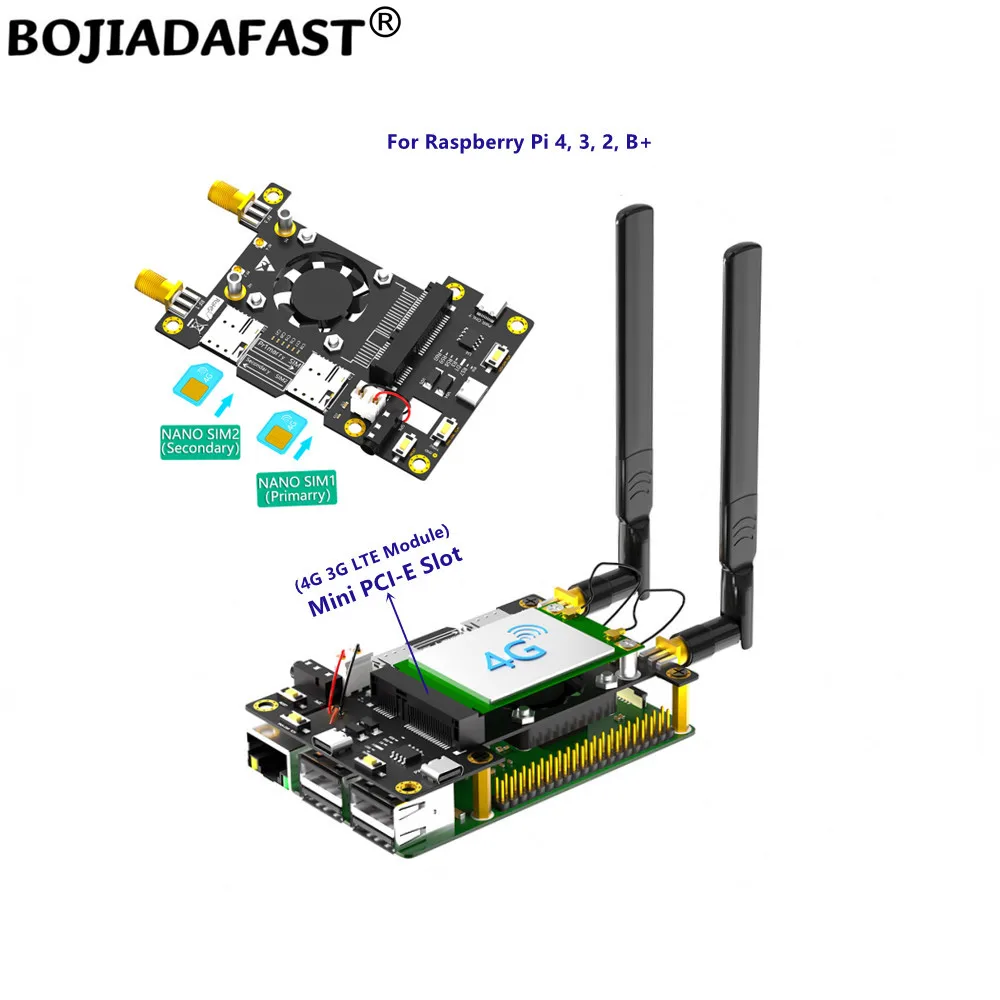 Cartão Adaptador sem Fio para Raspberry pi Módulo de Modem Gsm Slot Nano Duplo Slot Sim Antenas Mini Pci-e Pci-e 4g 3g Lte Raspberry pi b +