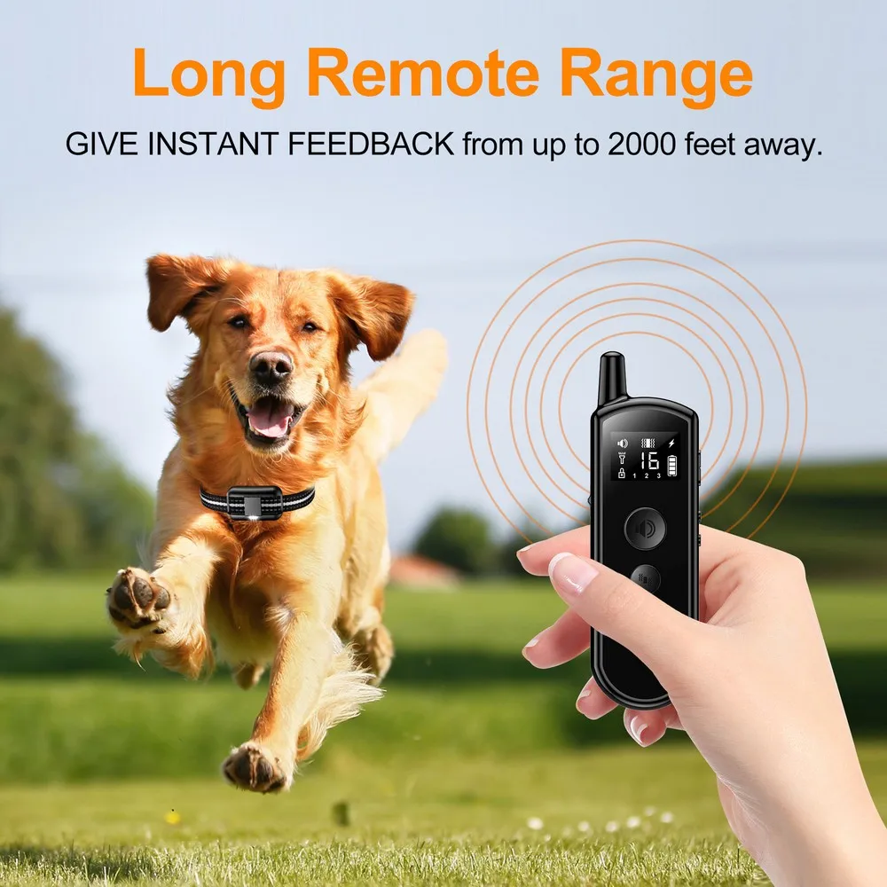 2000FT Remote Control Dog Training Collar Electric Shock Vibration Beeps Mode 16 Level Keypad Lock IPX8 Waterproof Rechargeable