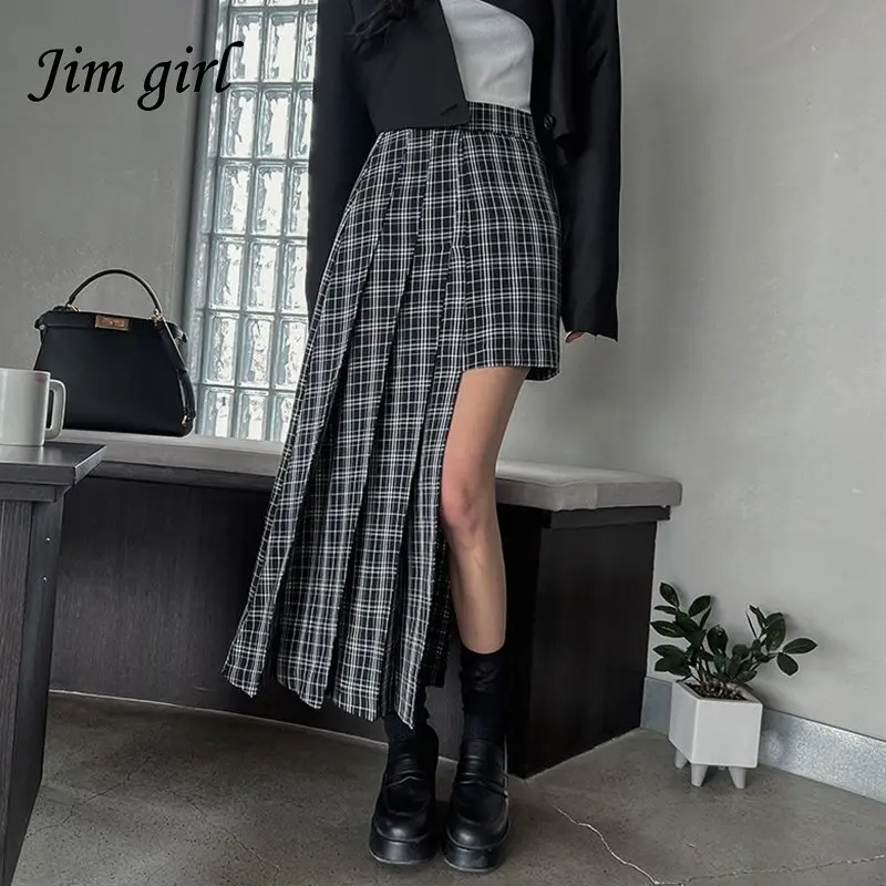 

Harajuku Black Goth Midi Skirt Women Korean Fashion Irregular Plaid Pleated Skirts Summer Vintage High Waist Female Falda Jupe